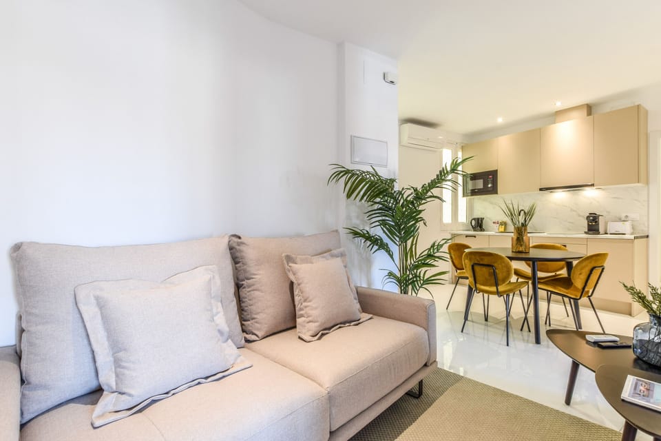Main view of the living room with air conditioning and dining area