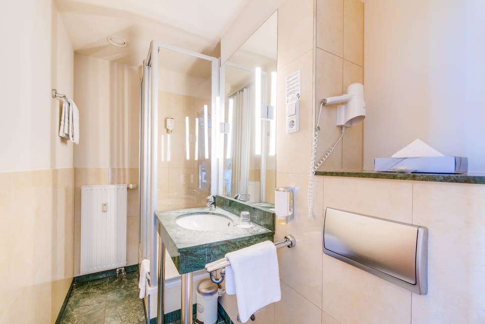 Hair dryer, towels, soap, shampoo