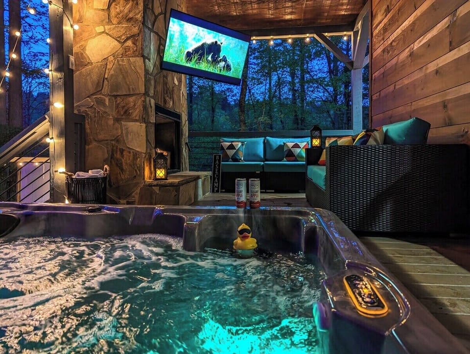 Imagine sitting in that hot tub watching the fireplace on a cool winter night....