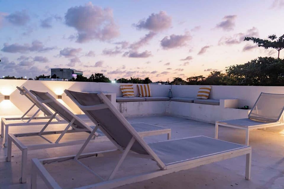 Shared rooftop terrace at sunset