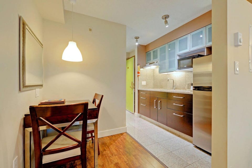 Fridge, microwave, cookware/dishes/utensils