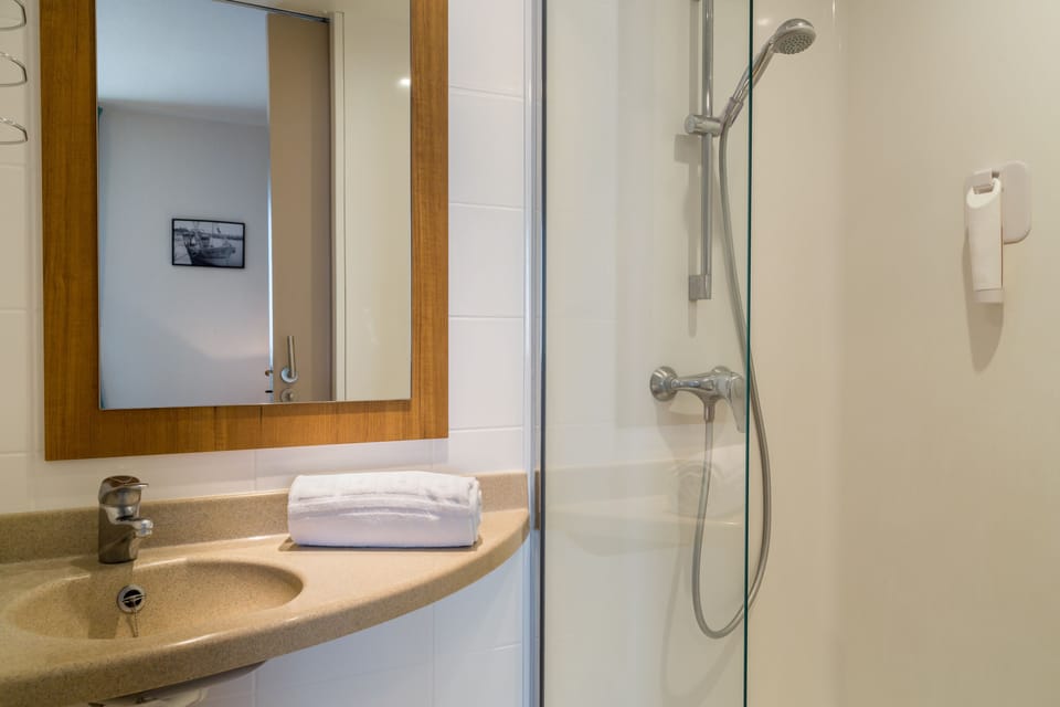 Shower, free toiletries, towels, soap