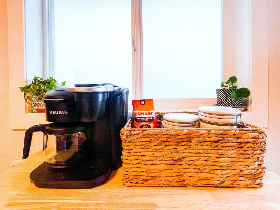 Coffee bar with Keurig, pour over, french press and turkish coffee + grinder.