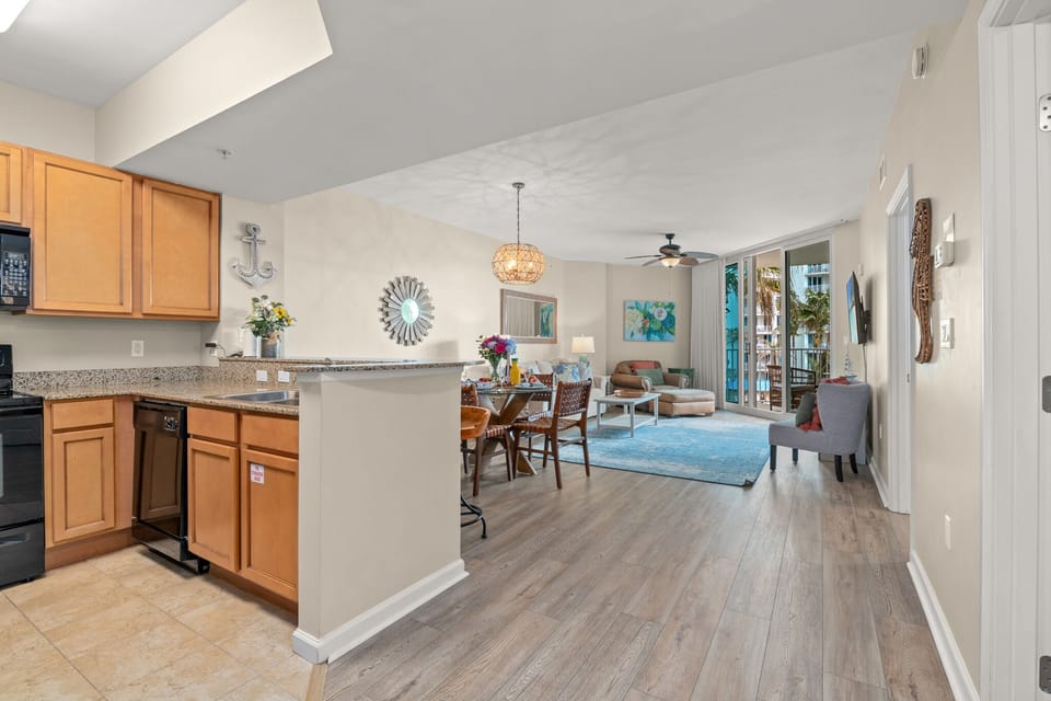 Open concept floor plan,  waterfall inspired furnishings