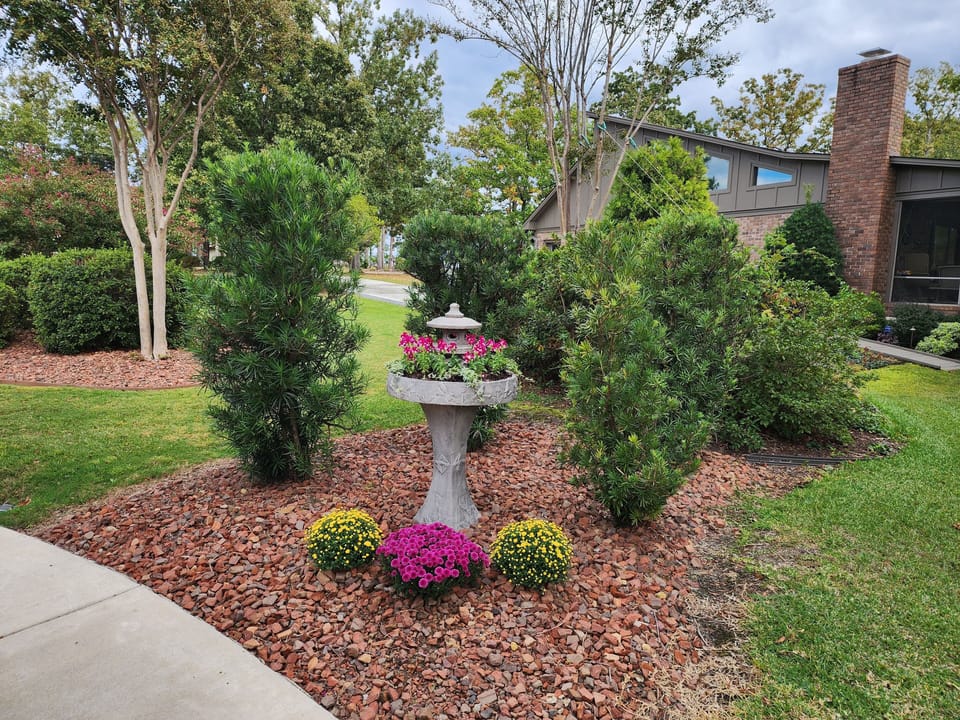 Landscaping along sidewalk around property.