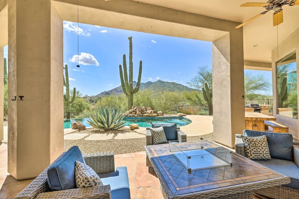 Covered Patio | Fire Table | Outdoor Dining Area | Mountain Views