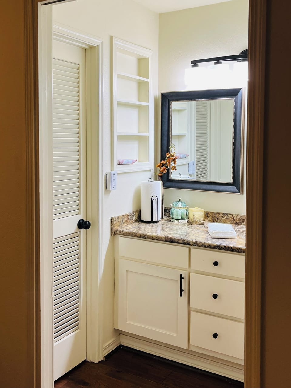 Master bathroom with separate closet and vanity area