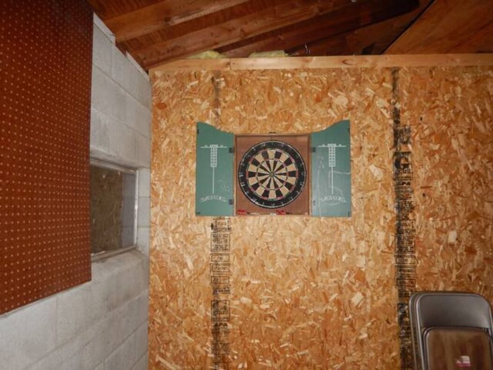 Dart board in the garage. Something to do on rainy days.