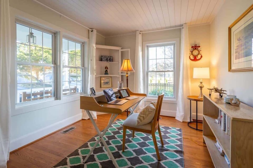 The dedicated work-from-home space offers a quiet place to check-in with the office. The door closes for privacy.