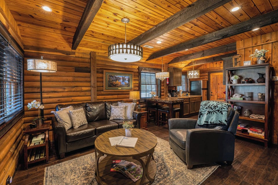 First look of open cozy living room from walking through the front door