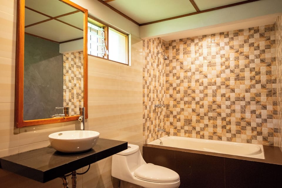 Combined shower/tub, towels, soap, shampoo