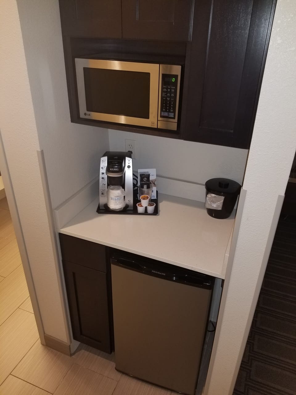 Desk, laptop workspace, blackout drapes, iron/ironing board