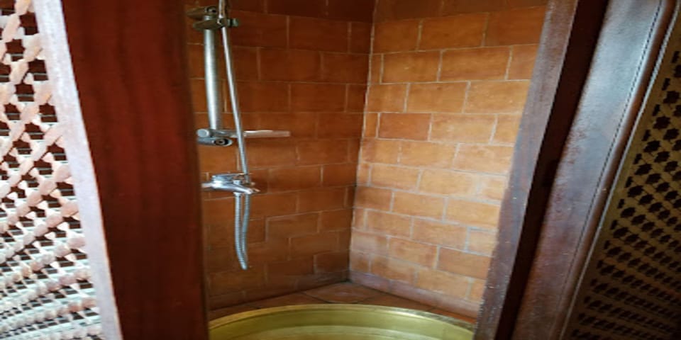 Shower, rainfall showerhead, towels, soap