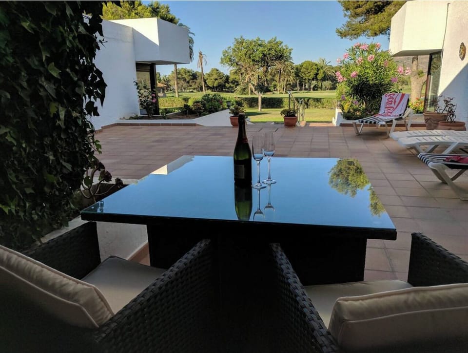 Our front terrace, with the view over the golf course