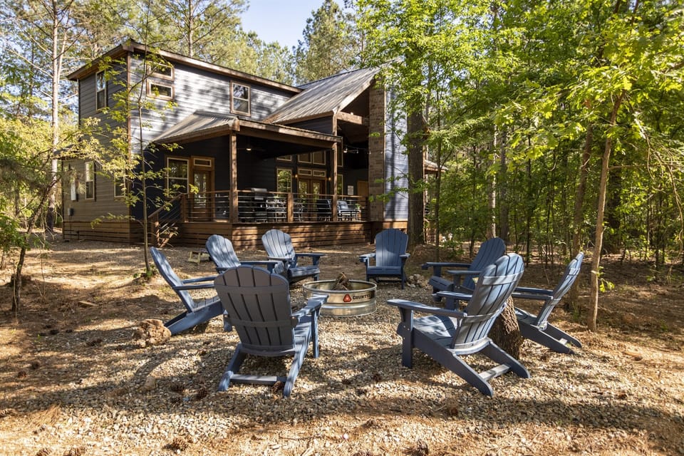 Fire pit with 8 chairs and party lights