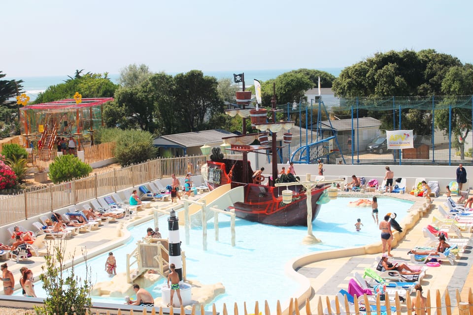 Family fun in a bustling aqua park.