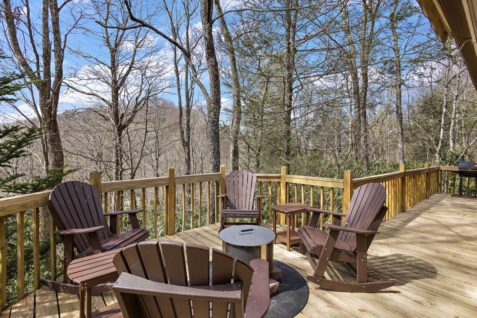 Fire Pit on the Back Deck with Seasonal Mountain Views and Adirondack Rockers