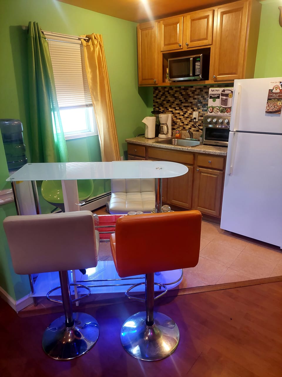 kitchen, fridge, bar stool 