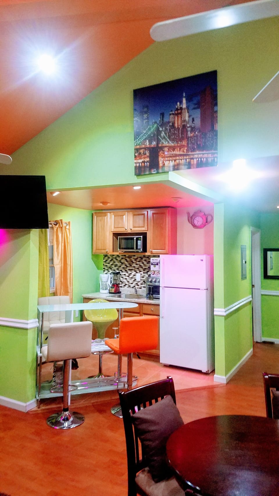 dinning area fridge kitchen 
