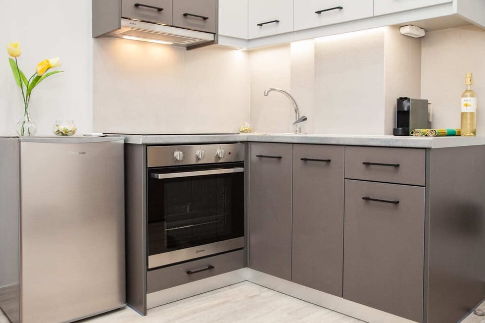 Apartment | Private kitchen | Full-size fridge, oven, stovetop, electric kettle