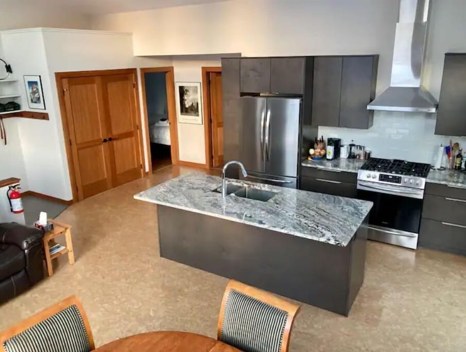 Unique granite counter tops throughout the living space.