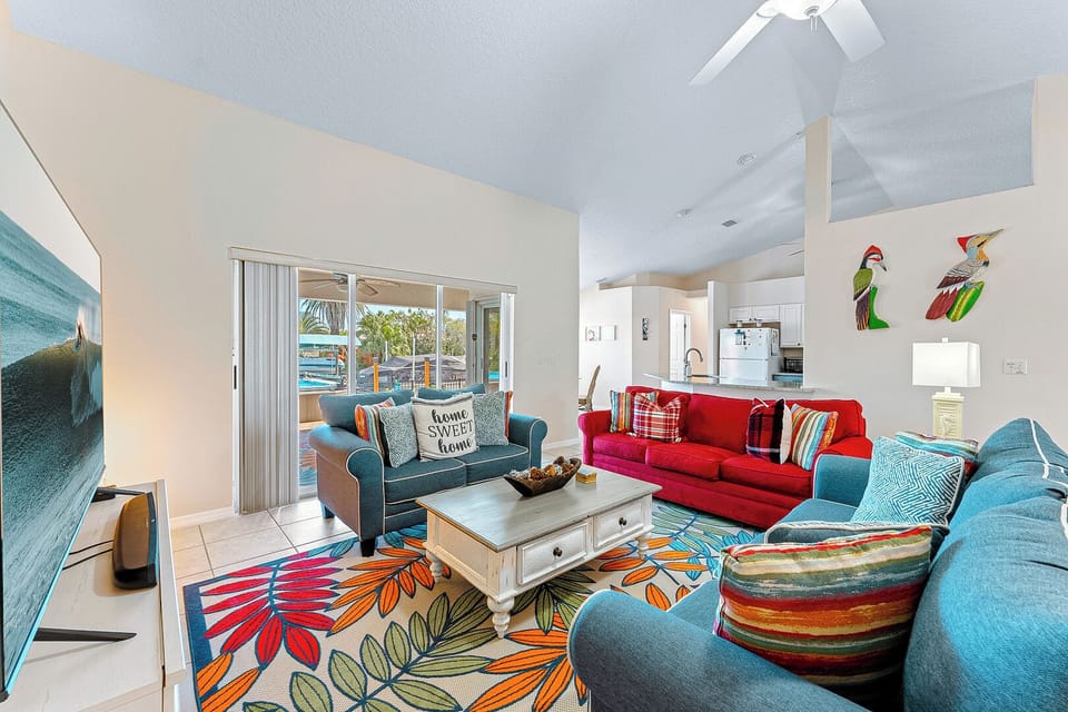 Relax in a vibrant living room with cozy and comfortable seating