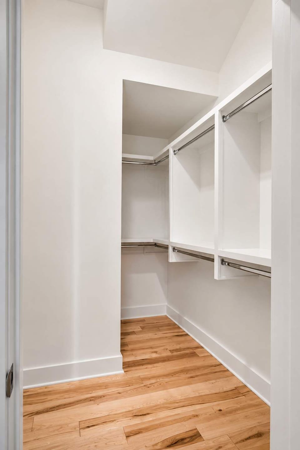 Thoughtfully designed walk-in closet with ample hanging and storage space.