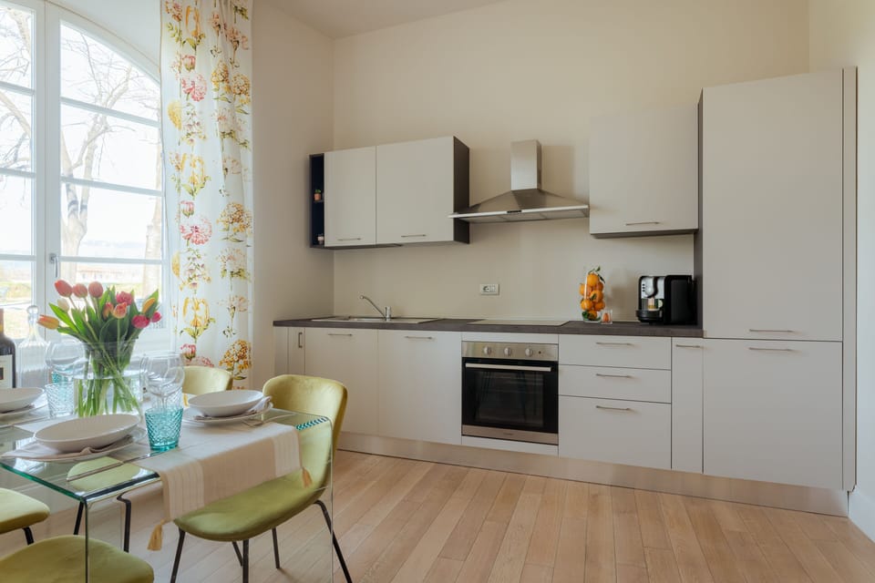Full-size fridge, oven, stovetop, dishwasher