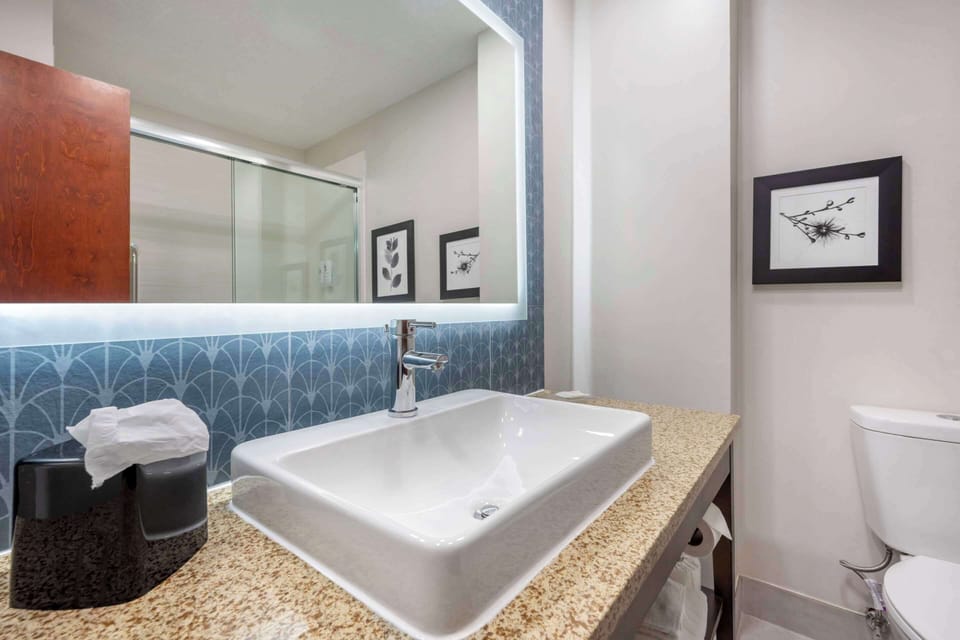 Combined shower/tub, free toiletries, hair dryer, towels