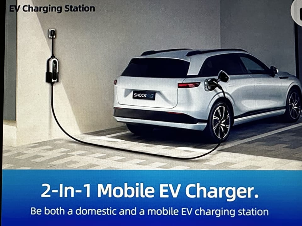 E/V charger for electric car set in garage, Tesla cars need to bring adaptor.