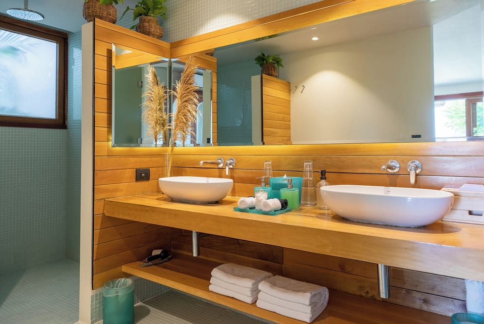 Sea View with Refreshing Plunge Pool | Bathroom | Shower, rainfall showerhead, designer toiletries, hair dryer