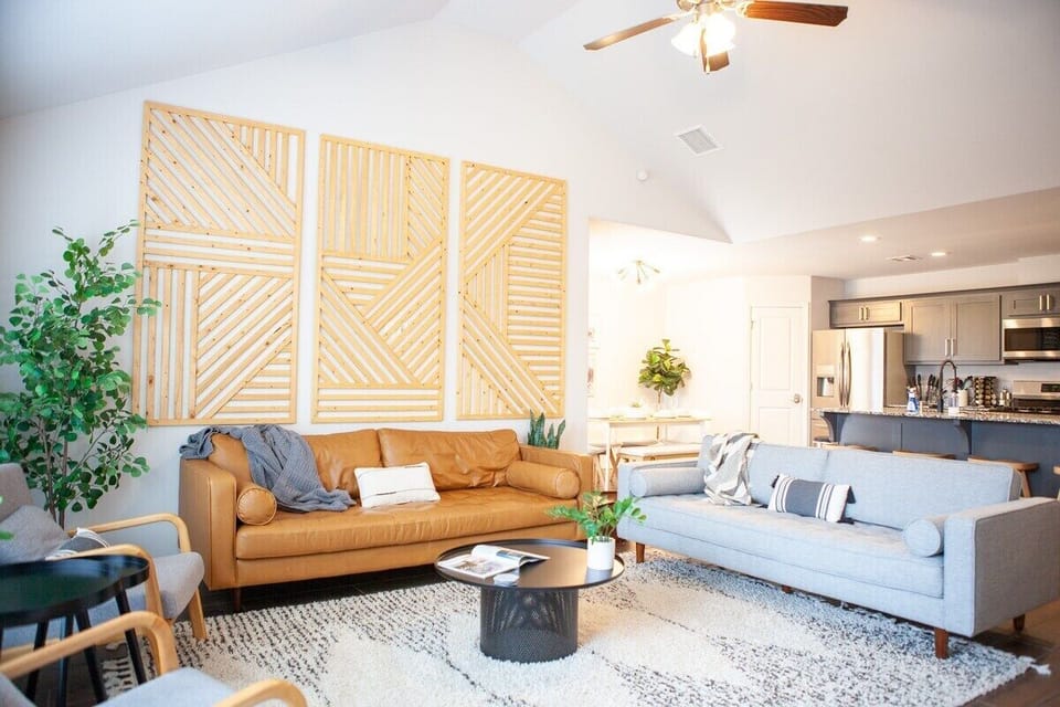 Living room - Both the leather sofa & fabric sofa are very comfortable and can sit at least 3 people each. 