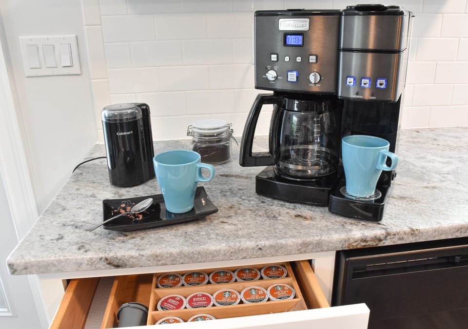 Stocked coffee bar for coffee your way - fresh ground or k-cup