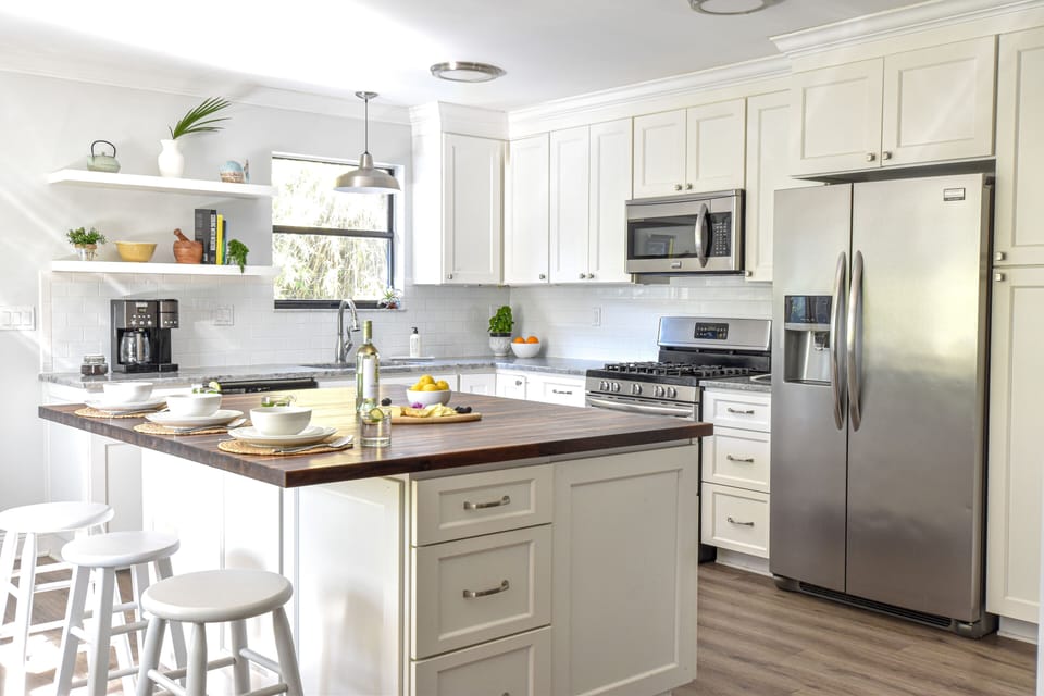 Gourmet kitchen is open and inviting 
