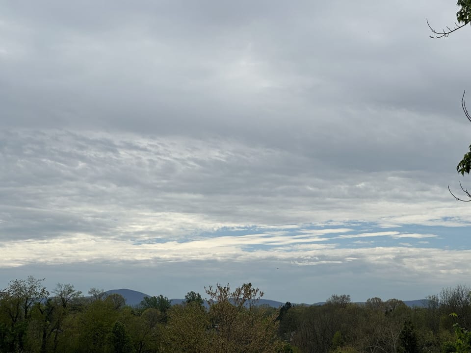 Distant mountain view over the tops of houses in the neighborhood. 