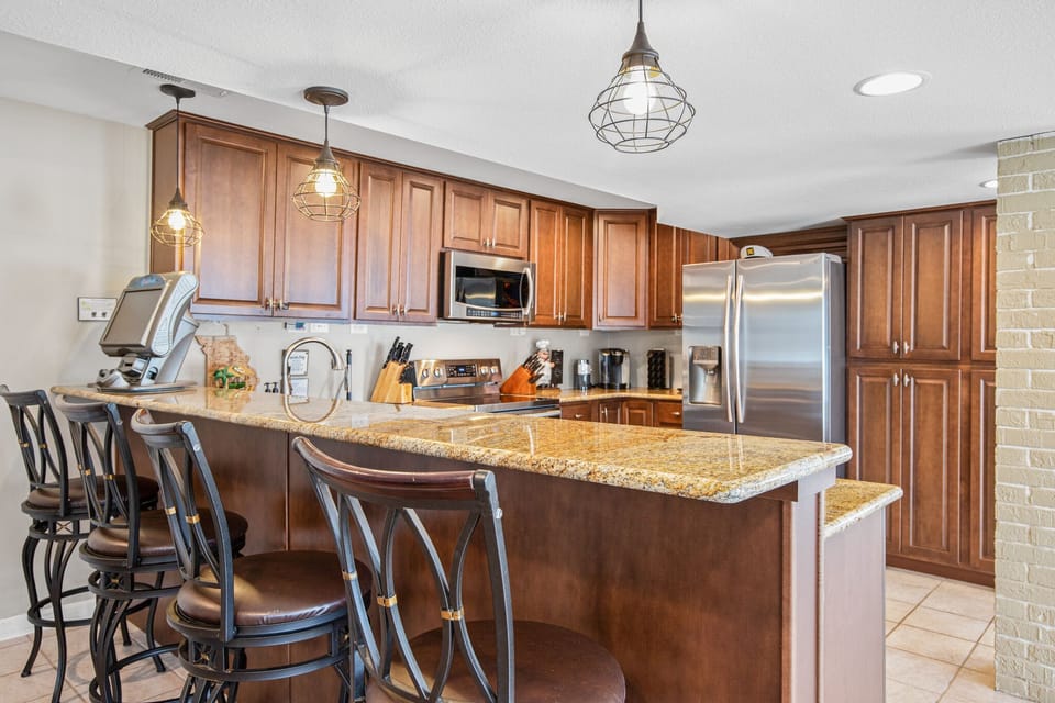 Breakfast bar seating with countertop gaming for enjoyment