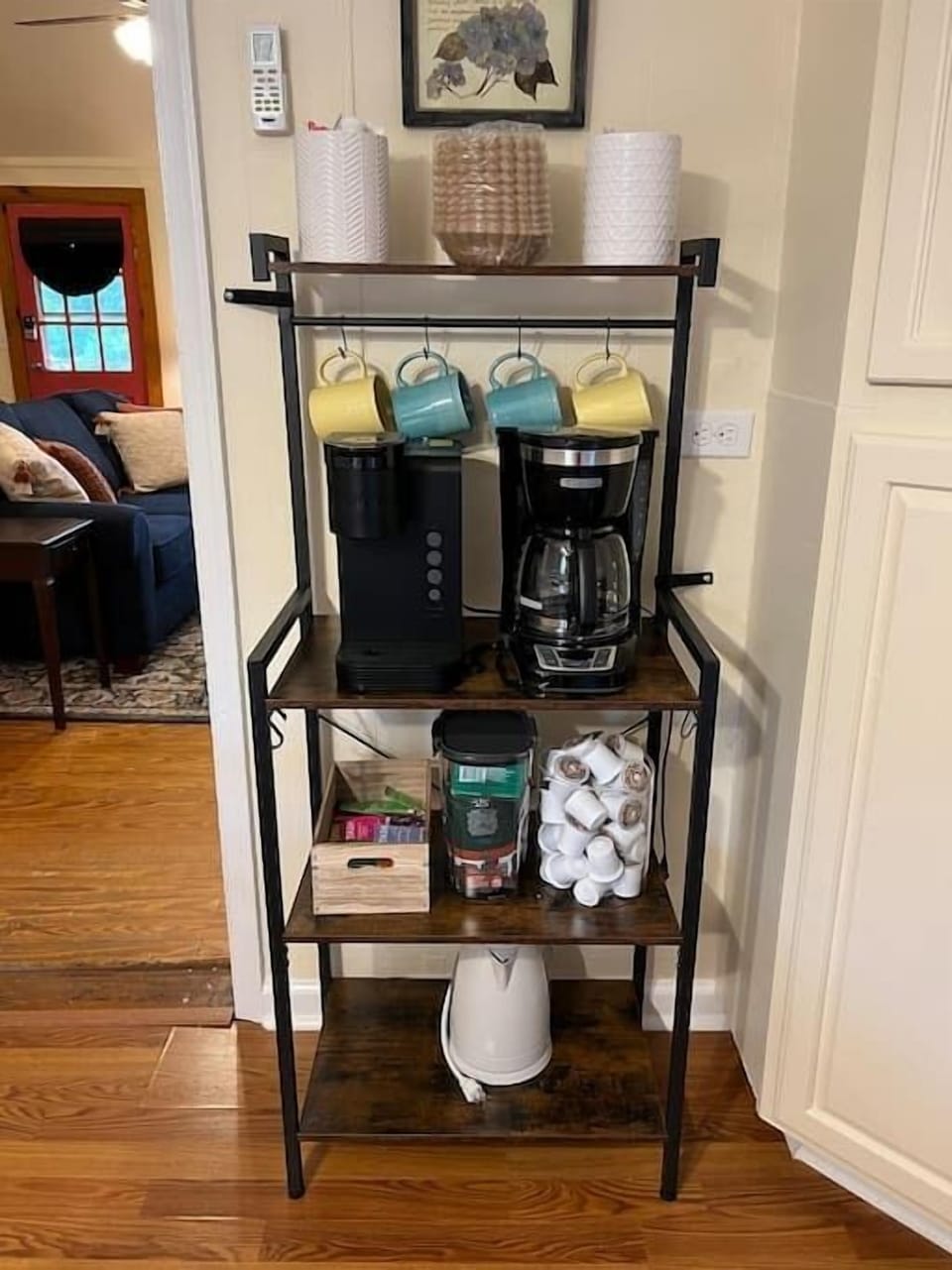 The coffee station includes a Keurig, drip coffee maker, and an electric kettle. We provide Keurig pods, coffee, tea, sugar and cream! 