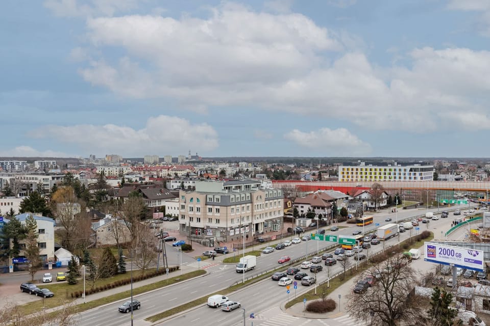 Another urban view with a broader perspective of nearby buildings and roads.
