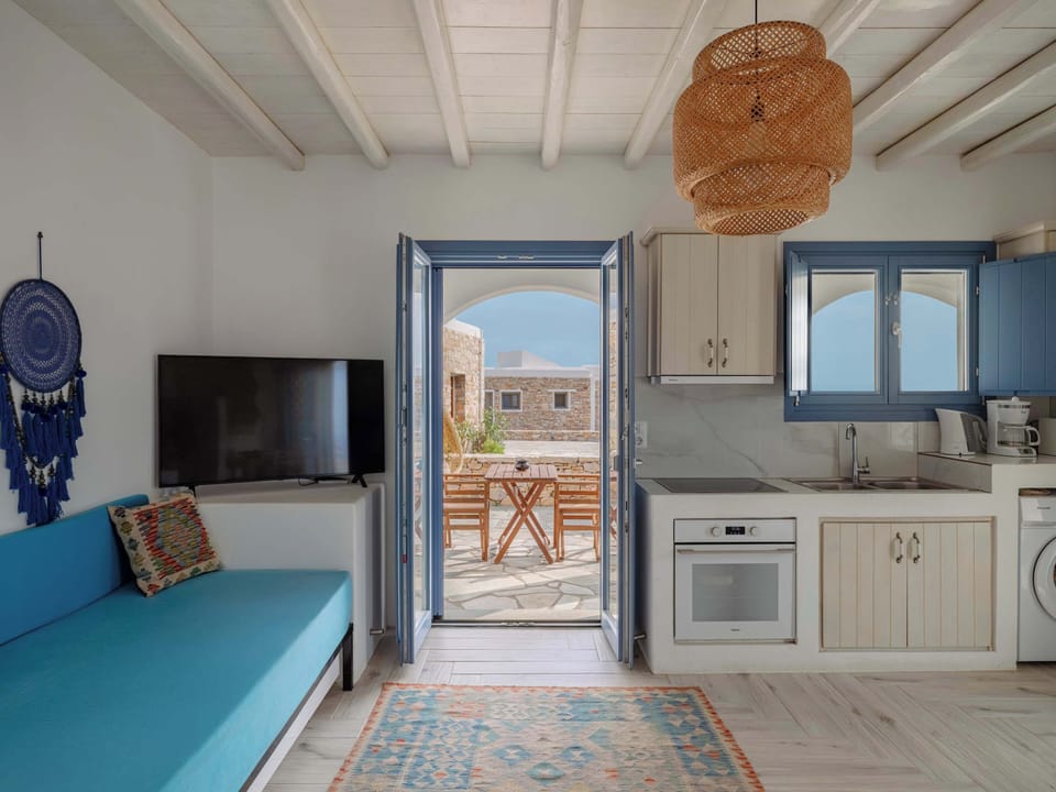 Open-plan living area with kitchenette and direct access to the outdoor terrace.