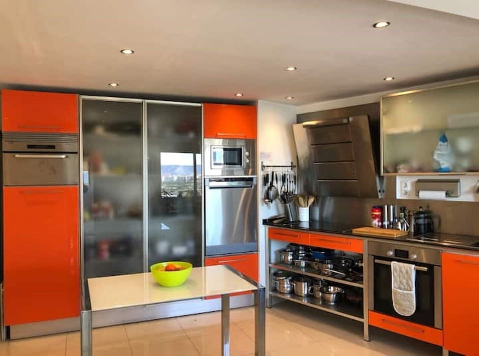 Italian designer kitchen includes eye level dishwasher, microwave and steamer.


