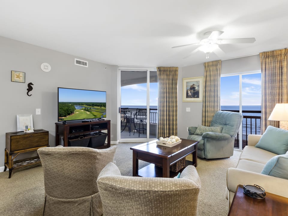 Relax in your bright living room with stunning ocean views through floor-to-ceiling windows and your private balcony just steps away.