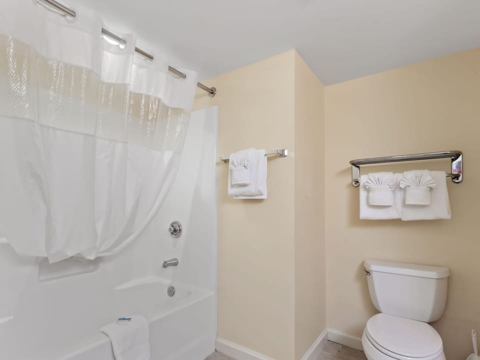 Step into your private bathroom with a relaxing tub-shower combo and fresh towels waiting for you.
