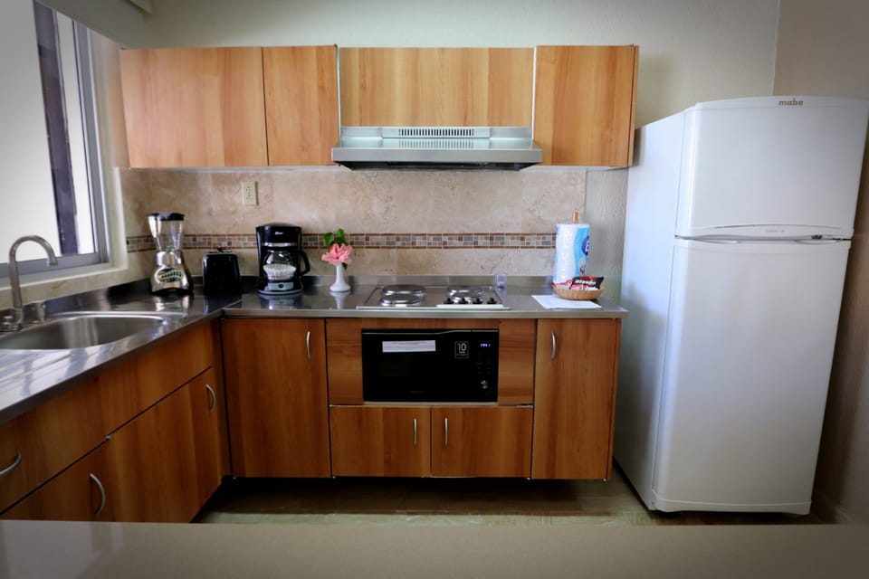 Full-size fridge, microwave, stovetop, toaster