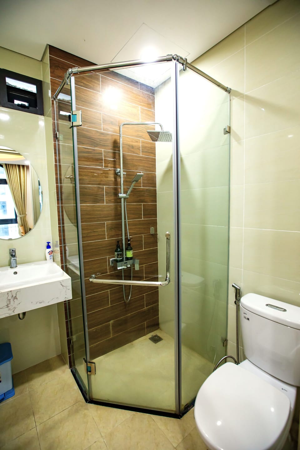Hydromassage showerhead, designer toiletries, hair dryer, bathrobes