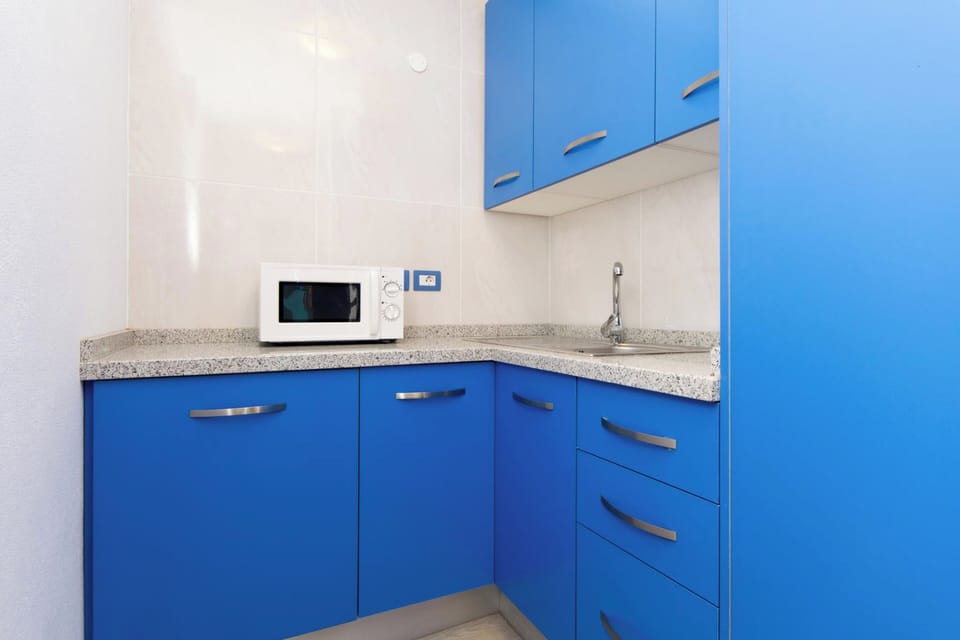 Fridge, microwave, stovetop, coffee grinder