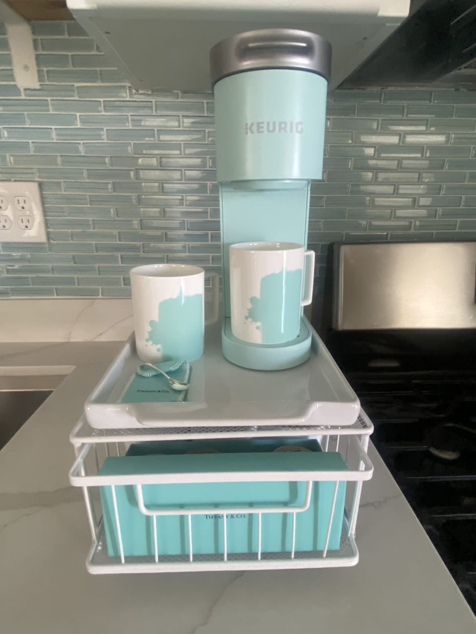 Complimentary single serve Keurig coffee pods, creamer and sugar. 