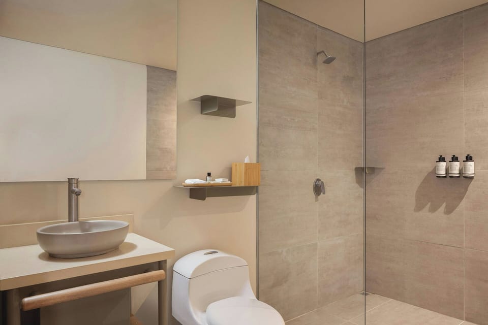 Shower, rainfall showerhead, towels, soap