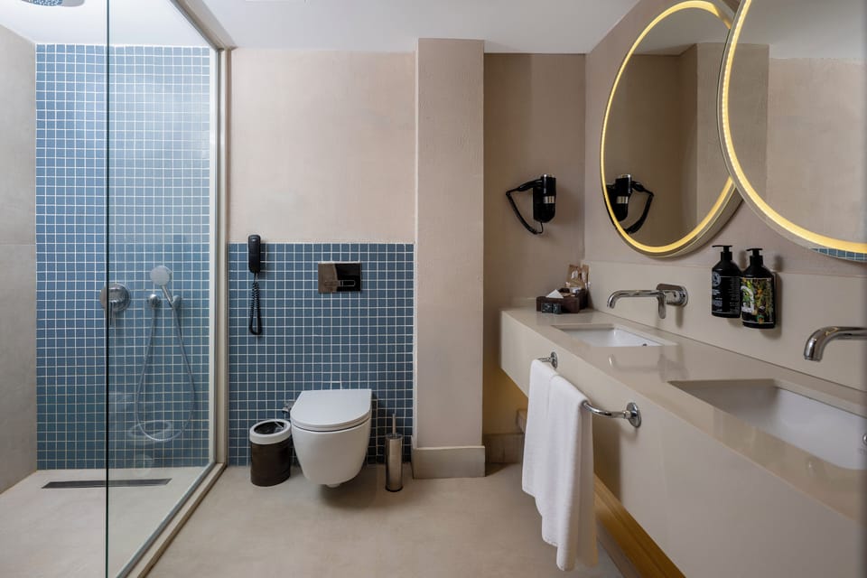 Shower, deep soaking tub, rainfall showerhead, hair dryer