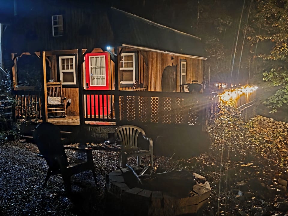Tiny home cabin at night. 