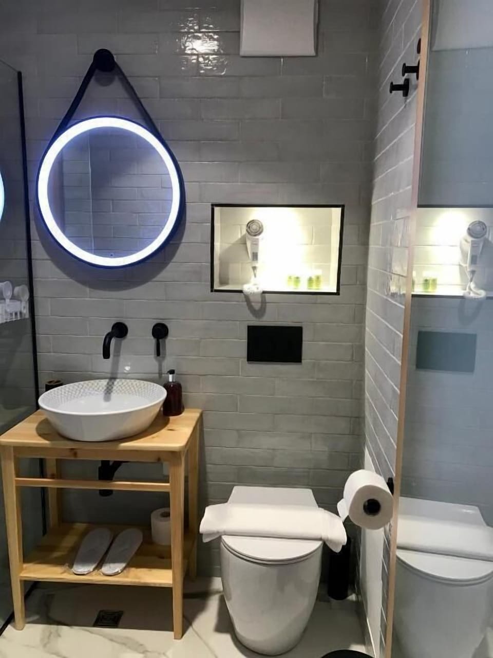 Shower, rainfall showerhead, hair dryer, bathrobes